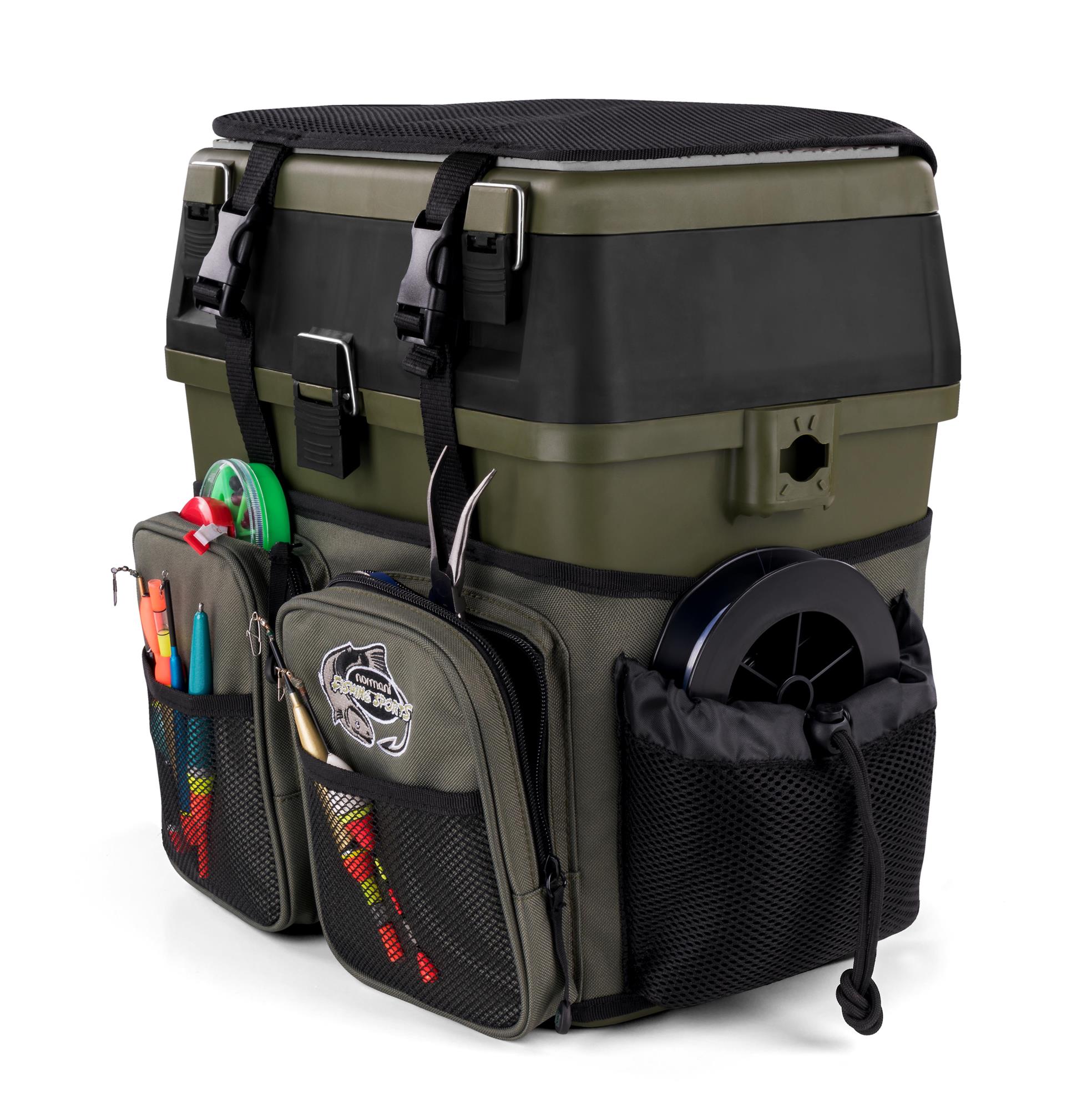 Angelkoffer Angelbox Angeltasche gepolsterte Sitzkiepe inklusive 4 Tackle-Boxen
