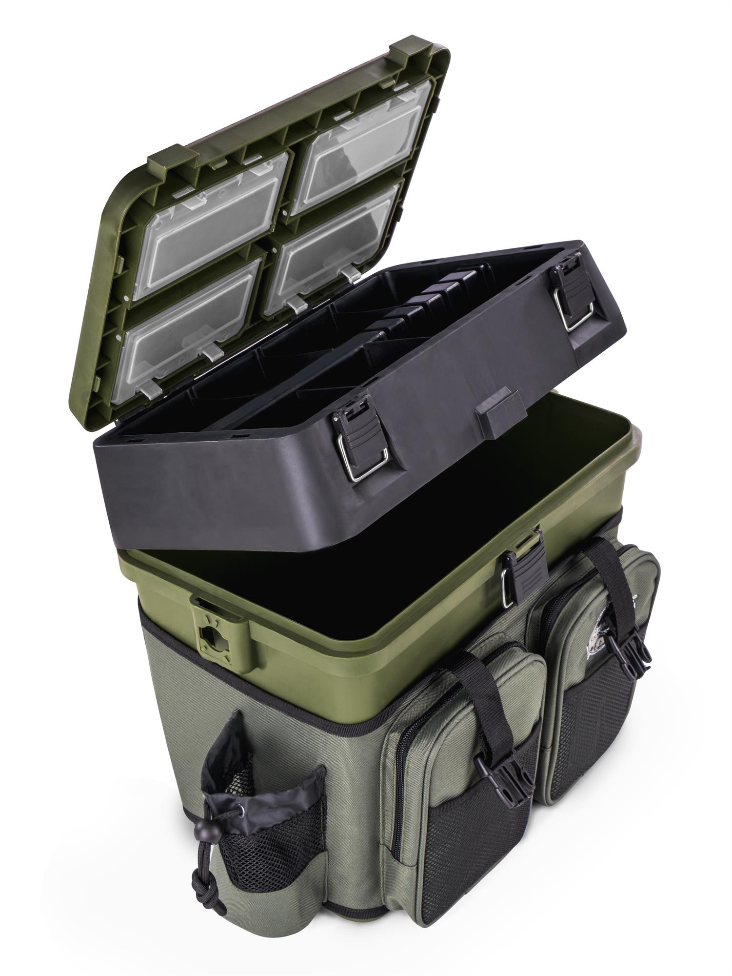 Angelkoffer Angelbox Angeltasche gepolsterte Sitzkiepe inklusive 4 Tackle-Boxen