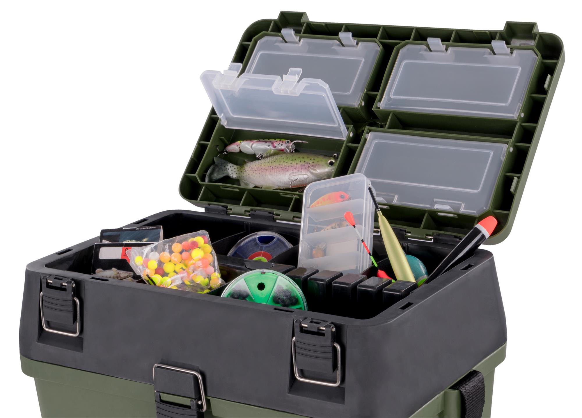 Angelkoffer Angelbox Angeltasche gepolsterte Sitzkiepe inklusive 4 Tackle-Boxen