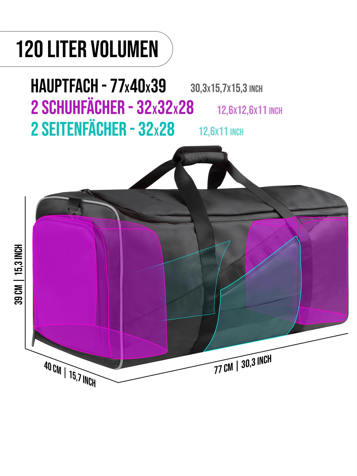 Reisetasche mit Rucksackfunktion und Nassfach / Schuhfach 120 Liter Sporttasche - Bild 8 von 33