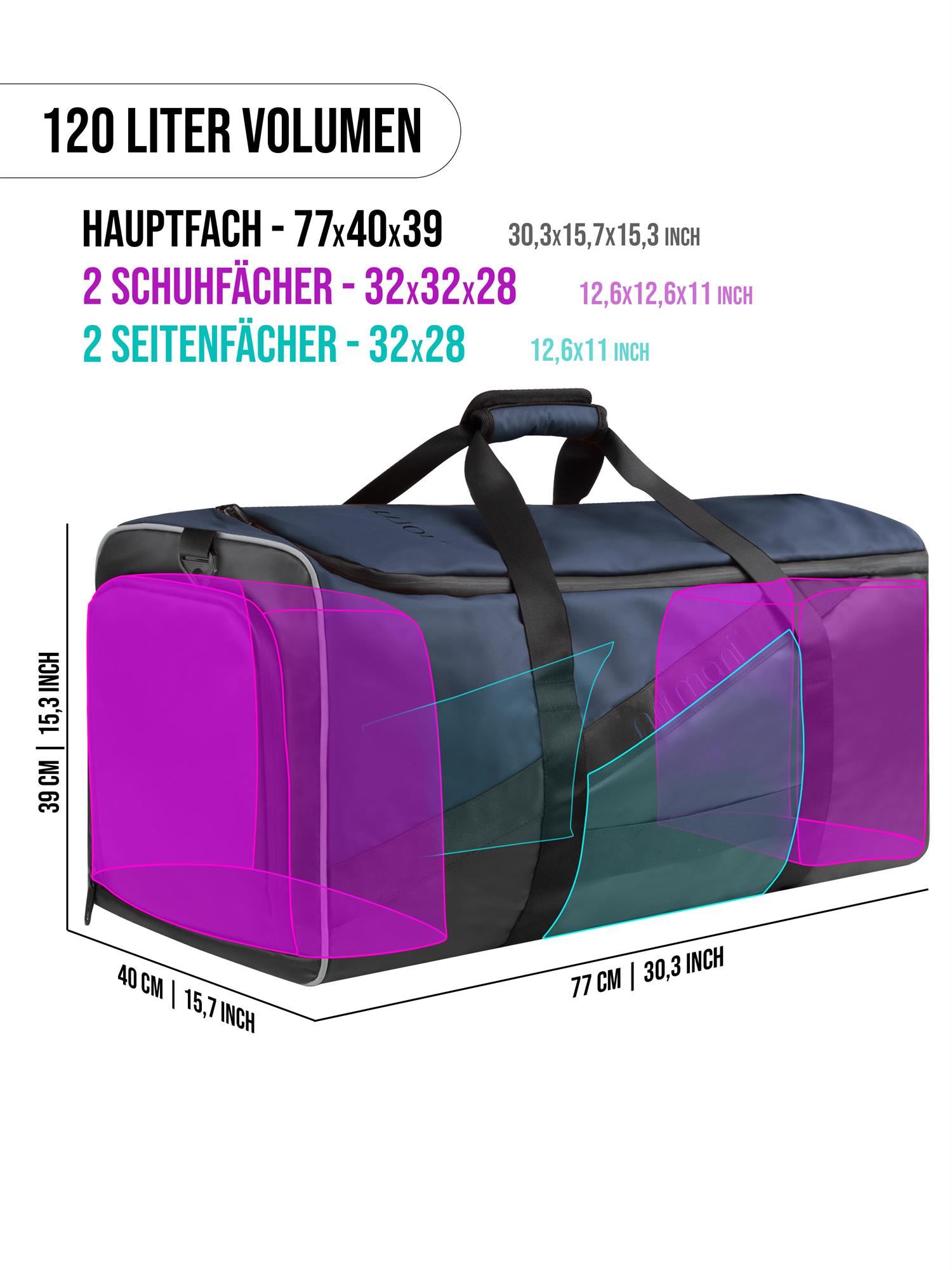 Reisetasche mit Rucksackfunktion und Nassfach / Schuhfach 120 Liter Sporttasche - Bild 16 von 33