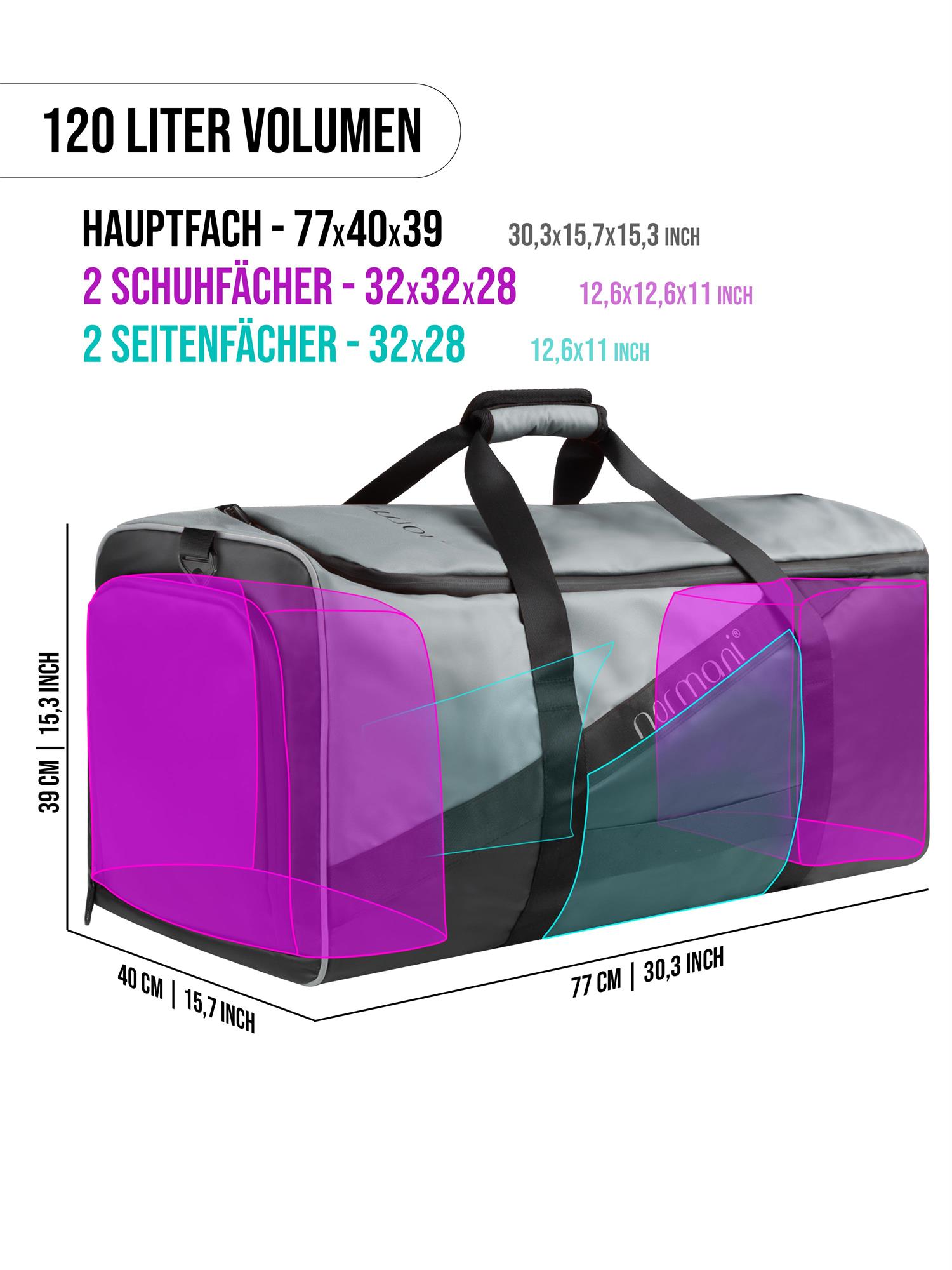 Reisetasche mit Rucksackfunktion und Nassfach / Schuhfach 120 Liter Sporttasche - Bild 24 von 33