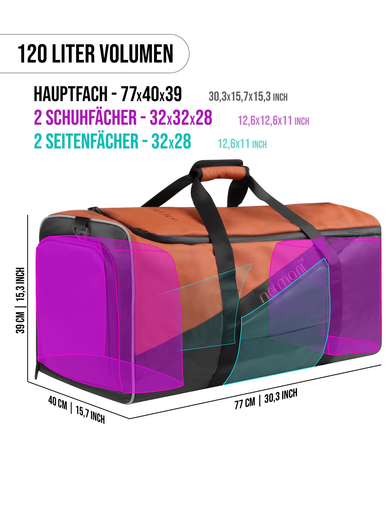 Reisetasche mit Rucksackfunktion und Nassfach / Schuhfach 120 Liter Sporttasche - Bild 32 von 33