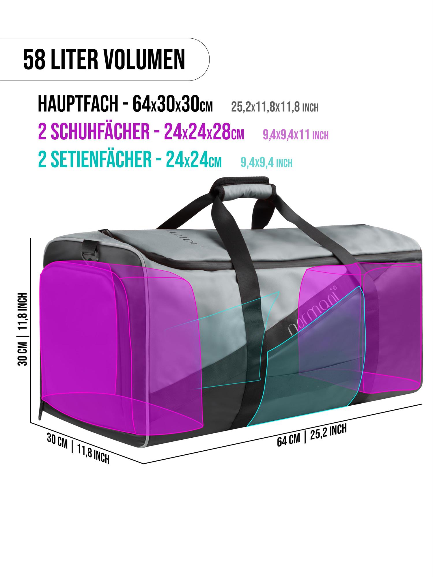 Reisetasche mit Rucksackfunktion und Nassfach / Schuhfach 58 Liter Sporttasche - Bild 8 von 54