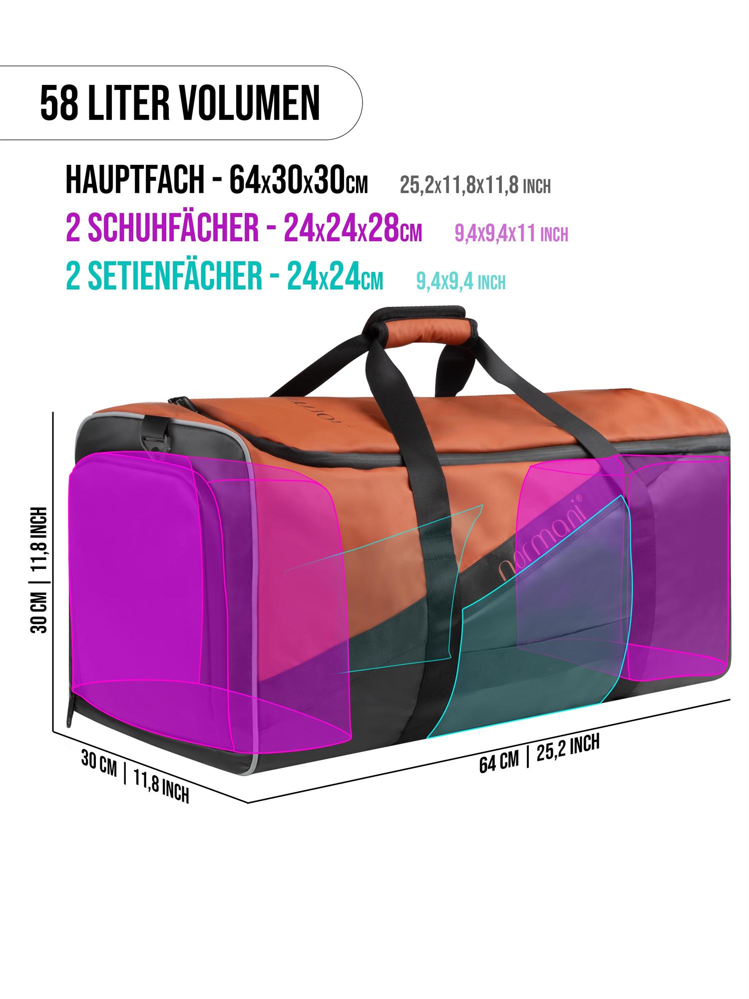 Reisetasche mit Rucksackfunktion und Nassfach / Schuhfach 58 Liter Sporttasche - Bild 31 von 54